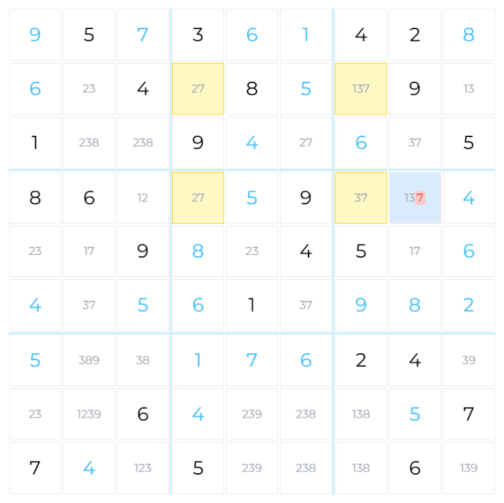 X-Wing pattern in Sudoku showing candidate elimination