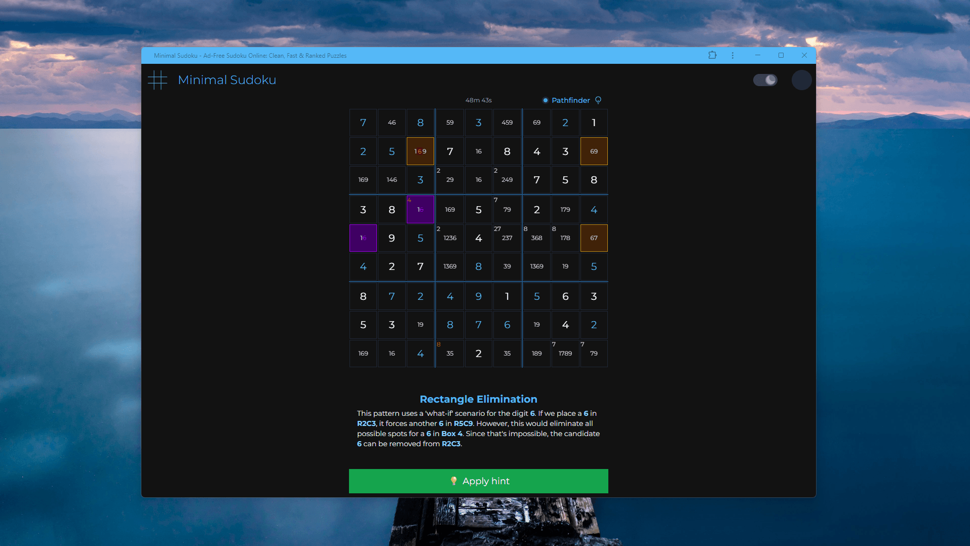 Minimal Sudoku Pathfinder hint system interface